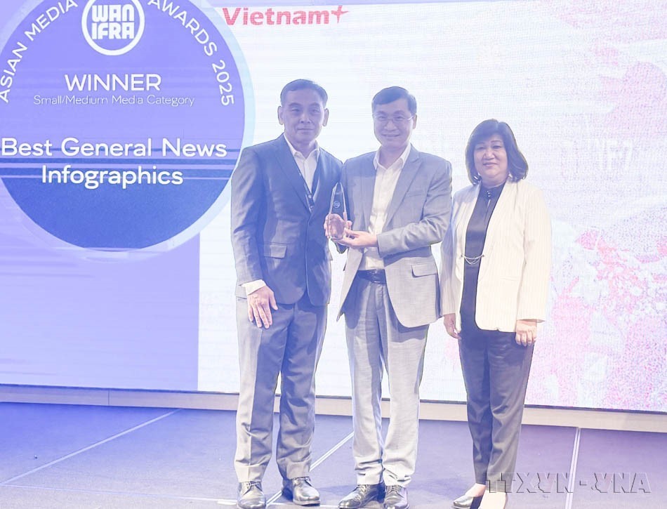 Báo Điện tử VietnamPlus của Thông tấn xã Việt Nam (TTXVN) được vinh danh ở giải thưởng “Đồ họa Tin tức Tổng hợp Tốt nhất” tại Hội nghị các nhà lãnh đạo truyền thông châu Á 2025 (Singapore, 06/11/2025). (Ảnh: Ngọc Khương/TTXVN)